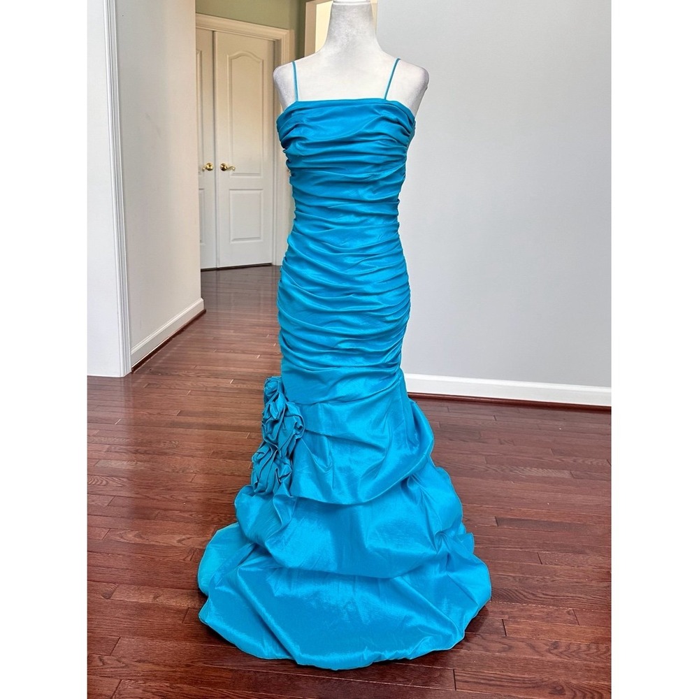 Vintage Let's Fashion Blue Layered Rouched Mermaid Gown Formal Dress Size XS - Picture 7 of 11